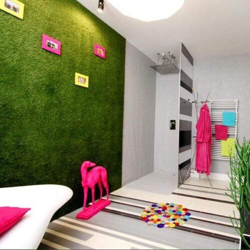 Artificial grass for walls in a living room setting