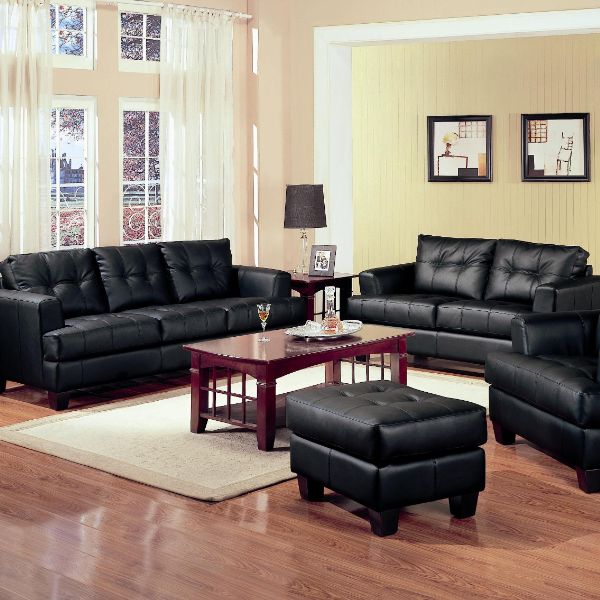 Living Room Sofa Upholstery in Pure Black Leather