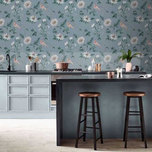 Wallpaper with kitchen-themed artwork