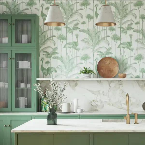 Glossy kitchen wallpaper with metallic finish