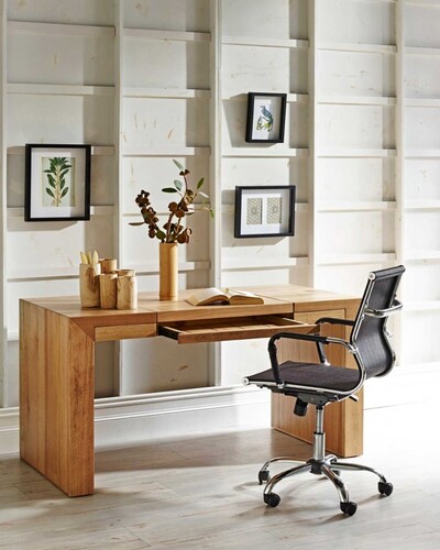 Stylish wooden office desk with an ergonomic swivel chair