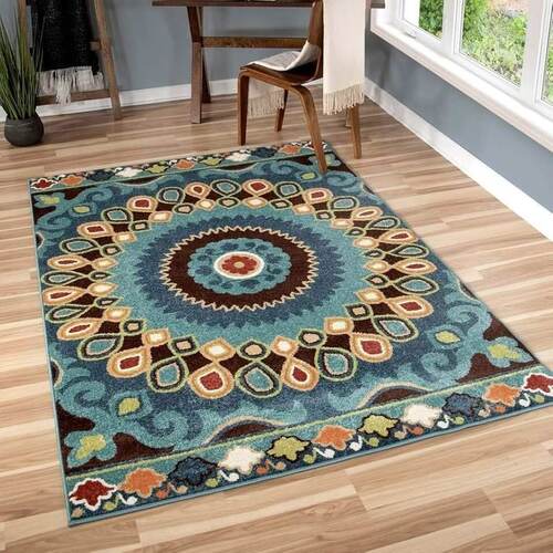 Colorful patterned rug with mandala-like design