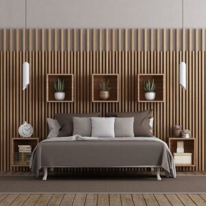 Master bedroom with bed against wooden paneling